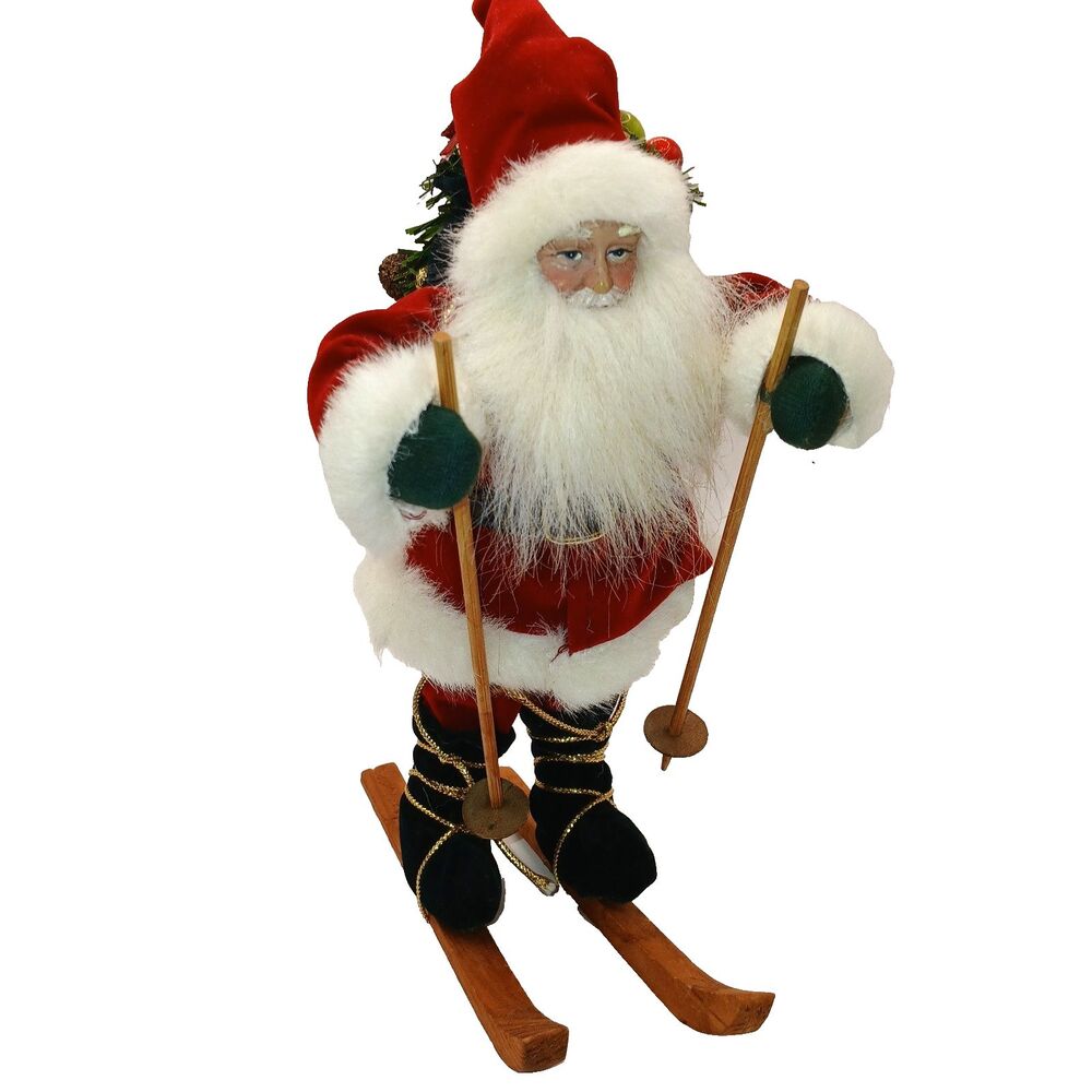 Santa Claus Skiing Doll Figure w/ Bag of Greenery & Present Wooden Skis 8 in